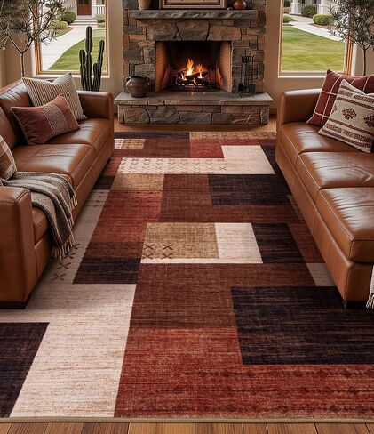 YIHOUSE Brown Modern 5x7 Area Rugs for Living Room, Washable Geometric Patchwork Rug for Bedroom Playroom Non Slip Low Pile, Southwestern Rustic Throw Carpet for Entryway Home Office in Saudi Arabia
