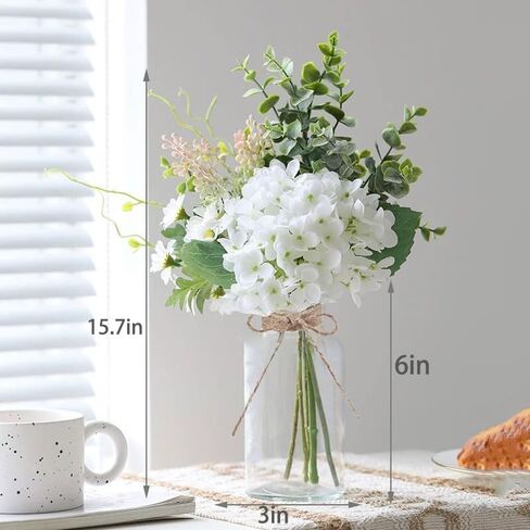 LADADA White Artificial Hydrangea Bouquet with Glass Vase - 15.7" Faux Hydrangea & Eucalyptus Arrangement, Fake Flowers in Vase for Table Centerpiece, Bathroom, Kitchen & Farmhouse Home Decor in Saudi Arabia
