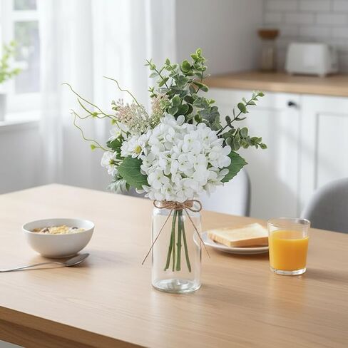 LADADA White Artificial Hydrangea Bouquet with Glass Vase - 15.7" Faux Hydrangea & Eucalyptus Arrangement, Fake Flowers in Vase for Table Centerpiece, Bathroom, Kitchen & Farmhouse Home Decor in Saudi Arabia
