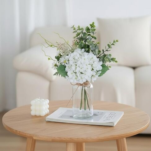 LADADA White Artificial Hydrangea Bouquet with Glass Vase - 15.7" Faux Hydrangea & Eucalyptus Arrangement, Fake Flowers in Vase for Table Centerpiece, Bathroom, Kitchen & Farmhouse Home Decor in Saudi Arabia