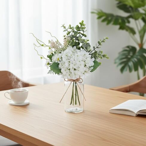 LADADA White Artificial Hydrangea Bouquet with Glass Vase - 15.7" Faux Hydrangea & Eucalyptus Arrangement, Fake Flowers in Vase for Table Centerpiece, Bathroom, Kitchen & Farmhouse Home Decor in Saudi Arabia
