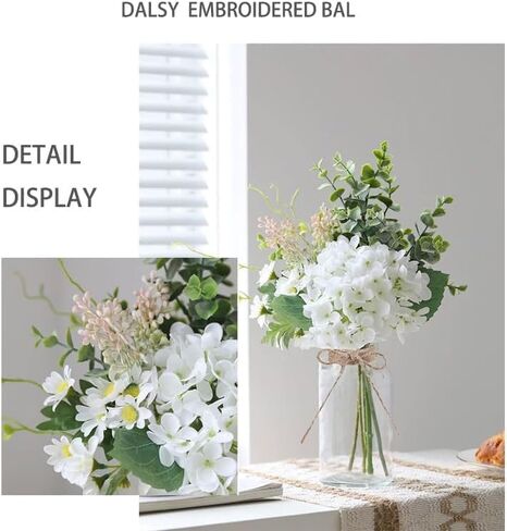 LADADA White Artificial Hydrangea Bouquet with Glass Vase - 15.7" Faux Hydrangea & Eucalyptus Arrangement, Fake Flowers in Vase for Table Centerpiece, Bathroom, Kitchen & Farmhouse Home Decor in Saudi Arabia