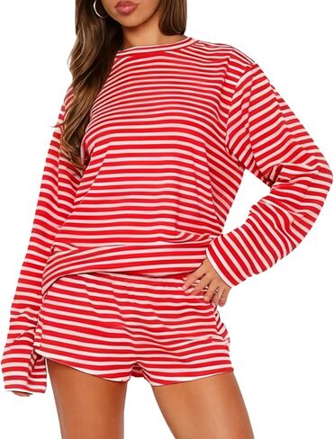 Women 2 Piece Pajamas Set Striped Print Crewneck Long Sleeve Loose Top Shorts Matching Lounge Sets in Saudi Arabia