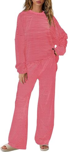 SENSERISE Womens Striped Lounge Set 2 Piece Outfits Striped Matching Pajama Sets Oversized Shirt Wide Leg Pants in Kuwait