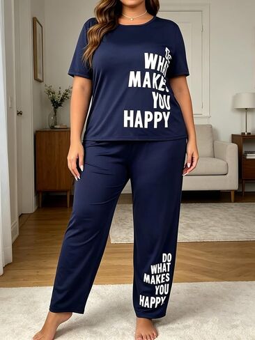 Plus Size Women's Pajama Sets Cartoon Short Sleeve with Long Pant Soft Sleepwear Printed pj Loungewear Size 1X to 5X in Kuwait