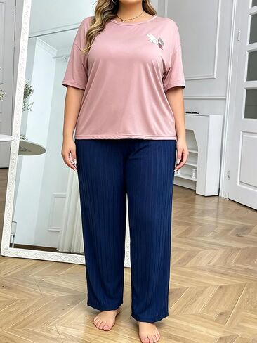 Plus Size Women's Pajama Sets Cartoon Short Sleeve with Long Pant Soft Sleepwear Printed pj Loungewear Size 1X to 5X in Kuwait