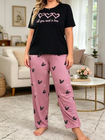 Plus Size Women's Pajama Sets Cartoon Short Sleeve with Long Pant Soft Sleepwear Printed pj Loungewear Size 1X to 5X in Kuwait