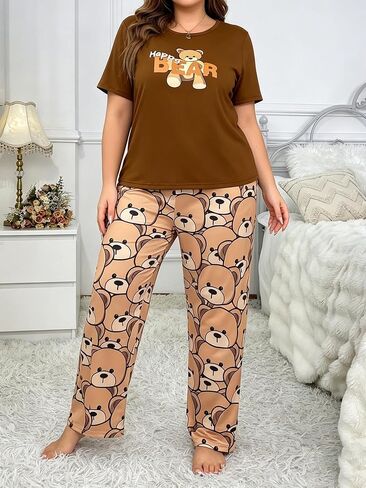 Plus Size Women's Pajama Sets Cartoon Short Sleeve with Long Pant Soft Sleepwear Printed pj Loungewear Size 1X to 5X in Kuwait