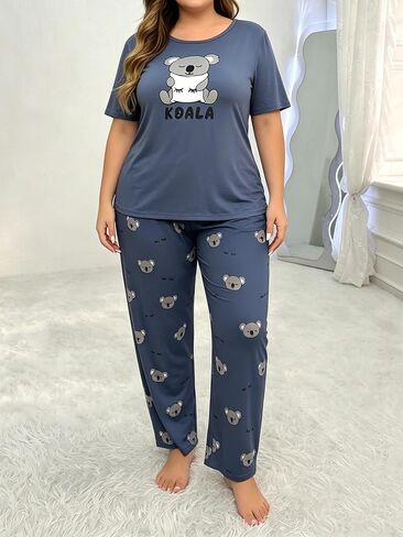 Plus Size Women's Pajama Sets Cartoon Short Sleeve with Long Pant Soft Sleepwear Printed pj Loungewear Size 1X to 5X in Kuwait