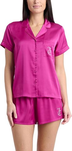 Juicy Couture Women's 2 Piece Satin Notch Collar Button Down Shirt and Pajama Shorts Lounge and Sleepwear Set in Kuwait