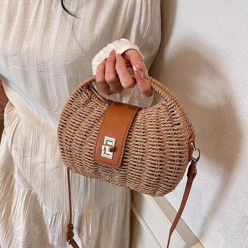Straw Beach Bag for Women Woven Crossbody Shoulder Bags Top Handle Satchel Handbag Handmade Purse for Summer Wicker in Kuwait