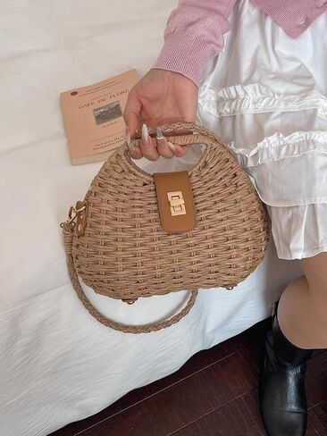 Straw Beach Bag for Women Woven Crossbody Shoulder Bags Top Handle Satchel Handbag Handmade Purse for Summer Wicker in Kuwait