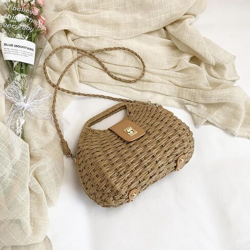 Straw Beach Bag for Women Woven Crossbody Shoulder Bags Top Handle Satchel Handbag Handmade Purse for Summer Wicker in Kuwait