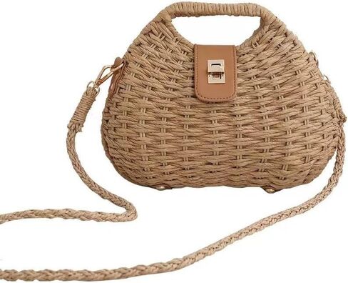Straw Beach Bag for Women Woven Crossbody Shoulder Bags Top Handle Satchel Handbag Handmade Purse for Summer Wicker in Kuwait