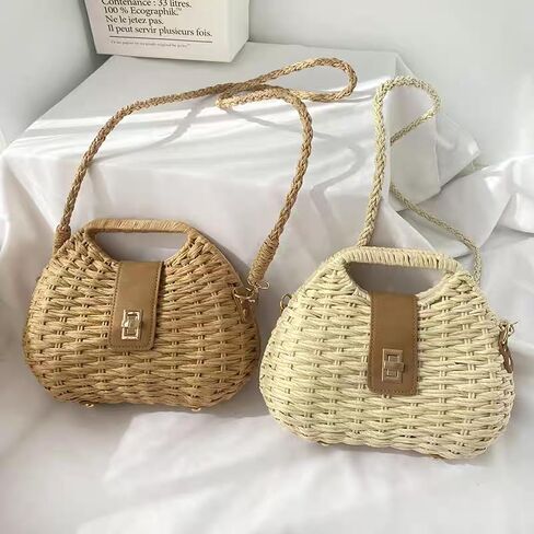 Straw Beach Bag for Women Woven Crossbody Shoulder Bags Top Handle Satchel Handbag Handmade Purse for Summer Wicker in Kuwait