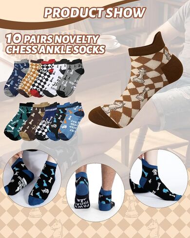 Eurzom 10 Pairs Chess Socks for Men Novelty Chess Cotton Ankle Socks with Chessboard and Pieces Pattern Gifts for Father Grandpa Players Lovers in Kuwait