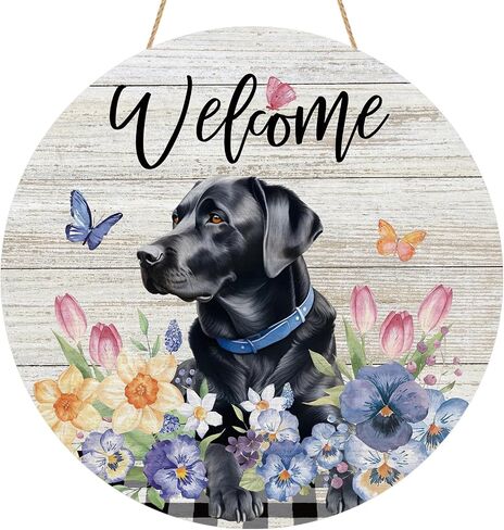 YINENA Spring Black Labrador Dog Floral Door Sign Wood Door Hanger Outdoor Porch Decor Holiday Farmhouse Wooden Wreath Indoor Wall Hanging Decoration in Kuwait