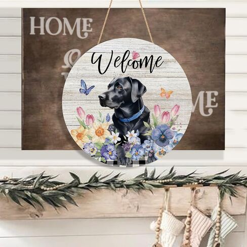 YINENA Spring Black Labrador Dog Floral Door Sign Wood Door Hanger Outdoor Porch Decor Holiday Farmhouse Wooden Wreath Indoor Wall Hanging Decoration in Kuwait