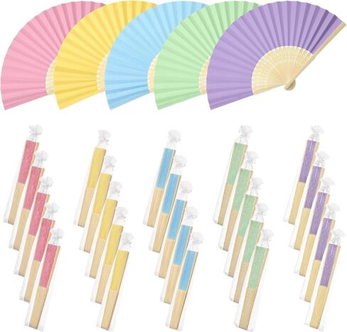 25 Pcs Wedding Folding Paper Fans for Guests Bamboo Folded Hand Fan with Gift Bags Vintage Paper Handheld Fans for Church Wedding Gift Bridal Shower Decorations (Pastel) in Saudi Arabia