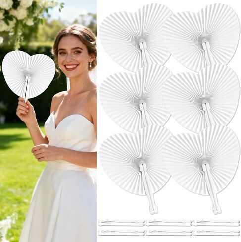 12 Pcs Heart Shaped White Paper Fans – Folding Handheld Fans with Plastic Handle, Wedding Guest Favors, Party Supplies, Church Event Bulk Pack, DIY Decorations in Saudi Arabia