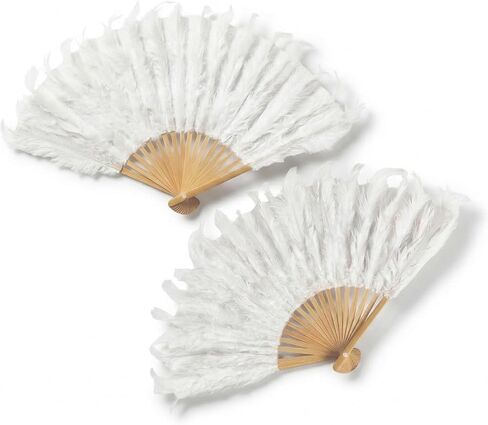 Feather Fan – Set of 2 White Feather Fans Handheld Fans for Weddings Costumes Cosplay Dance Paper with Bamboo Ribs Vintage Regency Fan for Hand Fluffy Feathered Marie Antoinette Vintage Style 10" in Kuwait