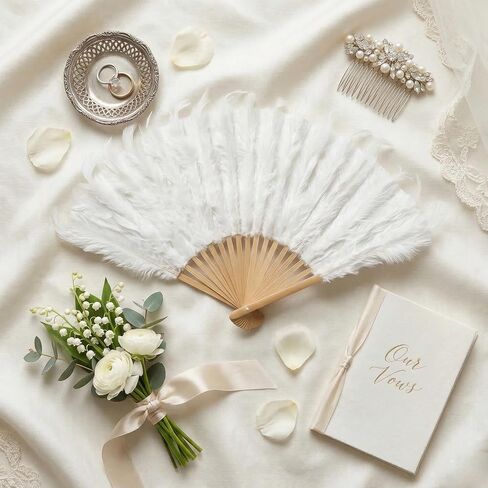Feather Fan – Set of 2 White Feather Fans Handheld Fans for Weddings Costumes Cosplay Dance Paper with Bamboo Ribs Vintage Regency Fan for Hand Fluffy Feathered Marie Antoinette Vintage Style 10" in Kuwait