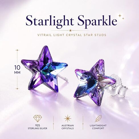 925 Sterling Silver Star Stud Earrings with Austrian Crystals, Blue, 10mm, Butterfly Push Back, Minimalist Style in Saudi Arabia