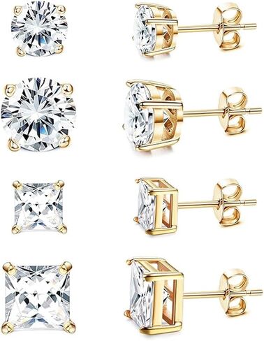 SEEDRILL Stud Earrings for Women Men Square & Round AAAAA+ Cubic Zirconia Earrings 18K Gold Plated Hypoallergenic 316L Surgical Stainless Steel CZ Earrings 3-6mm 4 Pairs in Saudi Arabia