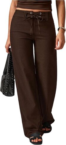 OYOANGLE Women's Low Rise Straight Leg Pants Lace Up Tie Front Y2K Going Out Pants in Kuwait