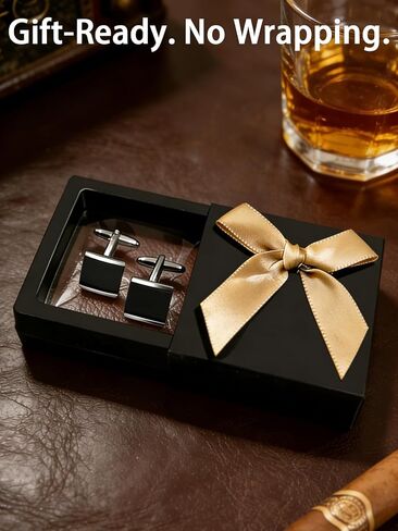 Men's Black Zircon Cufflinks, Silver Plated Rectangular Cuff Links Mens for French Cuff Shirts, Black Cufflinks for men Classic Business & Wedding Jewelry Perfect Father's Day with Gift Box in Saudi Arabia