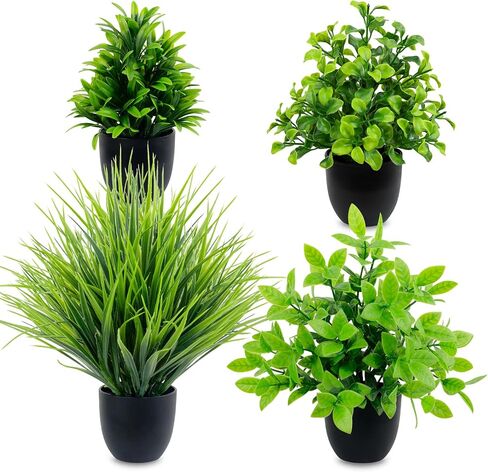 LOYWREE 4 Pack Mini Fake Plants Small Artificial Greenery Potted Plants in Black Pots for Home Office Desk Table Bathroom Farmhouse Room Decor in Saudi Arabia
