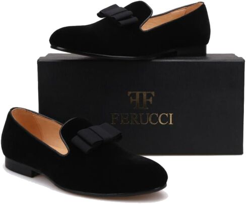 FERUCCI Handmade Men Black Velvet with Black Bow Slippers Loafers in Saudi Arabia