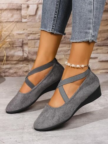 Women's Dress Flats Low Wedge Round Toe Fashion Elastic Ankle Strap Comfortable Casual Flats Shoes in Kuwait