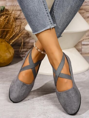 Women's Dress Flats Low Wedge Round Toe Fashion Elastic Ankle Strap Comfortable Casual Flats Shoes in Kuwait