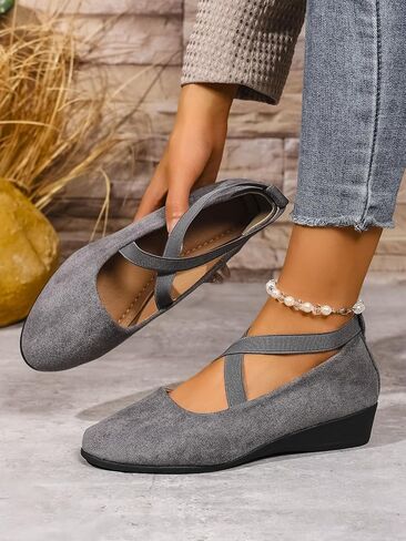 Women's Dress Flats Low Wedge Round Toe Fashion Elastic Ankle Strap Comfortable Casual Flats Shoes in Kuwait