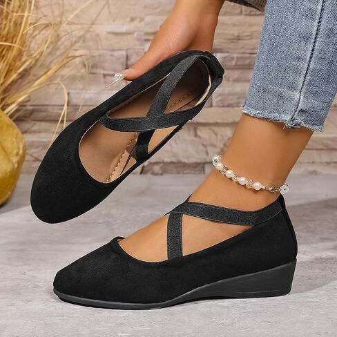 Women's Dress Flats Low Wedge Round Toe Fashion Elastic Ankle Strap Comfortable Casual Flats Shoes in Kuwait