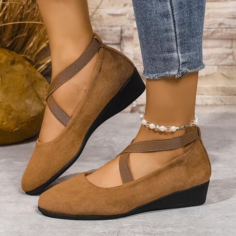 Women's Dress Flats Low Wedge Round Toe Fashion Elastic Ankle Strap Comfortable Casual Flats Shoes in Kuwait