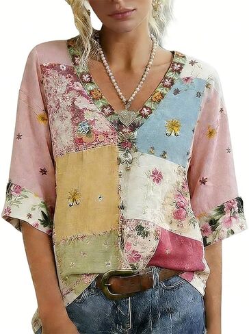 Women's Patchwork Floral Embroidered V-Neck Short Sleeve Casual Cotton Top in Saudi Arabia