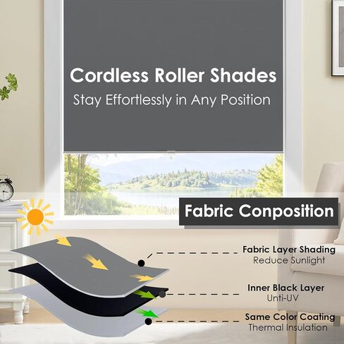 Cordless 100% Blackout Roller Shades for Windows,UV Protection Pull Down Shades,Room Darkening Door Blinds Thermal Insulated Fabric for Home Office and Bedroom(17" W x 72" H,Grey) in Saudi Arabia