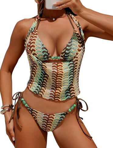 ZAFUL Womens 3 Piece Boho Cowl Neck Halter Bikini Sets Beaded Tropical Color Block Tie Side Swimsuit with Cover Up Tops in Kuwait