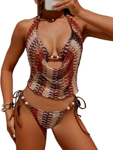 ZAFUL Womens 3 Piece Boho Cowl Neck Halter Bikini Sets Beaded Tropical Color Block Tie Side Swimsuit with Cover Up Tops in Kuwait