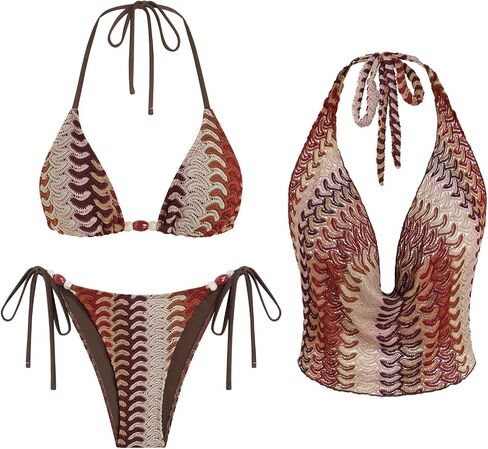 ZAFUL Womens 3 Piece Boho Cowl Neck Halter Bikini Sets Beaded Tropical Color Block Tie Side Swimsuit with Cover Up Tops in Kuwait