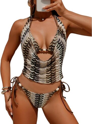 ZAFUL Womens 3 Piece Boho Cowl Neck Halter Bikini Sets Beaded Tropical Color Block Tie Side Swimsuit with Cover Up Tops in Kuwait