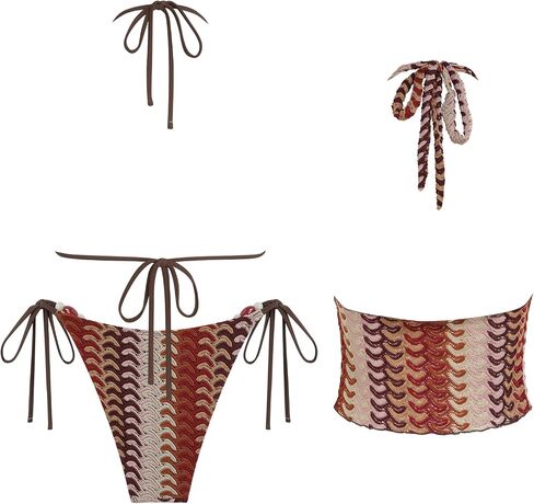 ZAFUL Womens 3 Piece Boho Cowl Neck Halter Bikini Sets Beaded Tropical Color Block Tie Side Swimsuit with Cover Up Tops in Kuwait