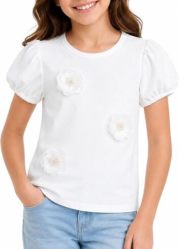 Girls Puff Sleeve Shirts 3D Flower Pearl Summer Tops in Saudi Arabia