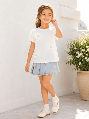 Girls Puff Sleeve Shirts 3D Flower Pearl Summer Tops in Saudi Arabia