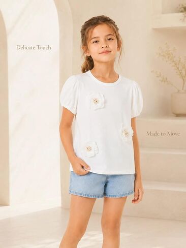Girls Puff Sleeve Shirts 3D Flower Pearl Summer Tops in Saudi Arabia