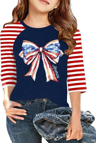 Girls 4th of July Shirts: USA T-Shirts for Kids American Flag Graphic Tees Patriotic Tops Raglan Sleeve 5-14 Years in Kuwait