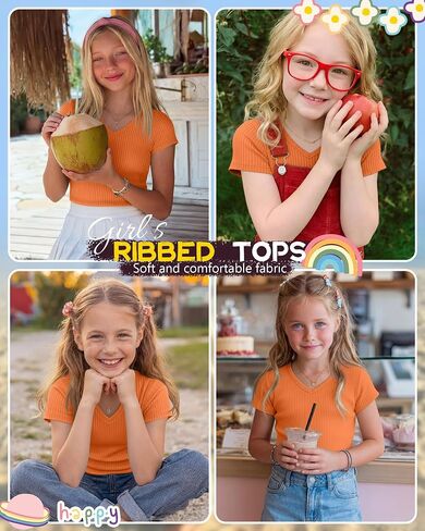 Girl's Shirts Kids Short Cap Sleeve Ribbed Knit Tees V Neck Slim Fit Stretchy T-Shirt Casual Basic Summer Tops in Kuwait