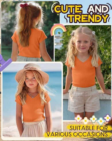 Girl's Shirts Kids Short Cap Sleeve Ribbed Knit Tees V Neck Slim Fit Stretchy T-Shirt Casual Basic Summer Tops in Kuwait